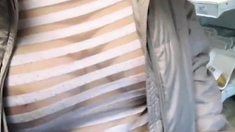 Touching tits in see-throu blouse in a market