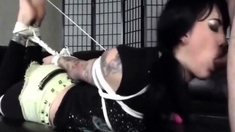 Asian whore blindfolded, gagged and used as a cum dumpster