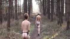 Sara and Jade strip in the woods