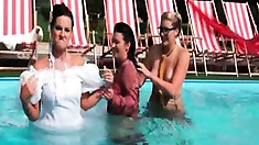 Vivien's looking gorgeous in her wedding dress and white fur jacket, and it only gets all the better when a little disagreement with one of her planners causes her to fall straight into the pool, totally drenching her dress and hair and absolutely ruining