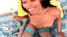 Sweety teen black girlfriend in fishnets Jordin Skye toy pussy and give oral sex
