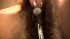 Hairy wifes toothbrush wank with young guy