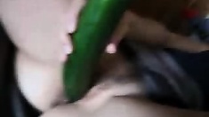 Huge cucumber for tight hairy pussy